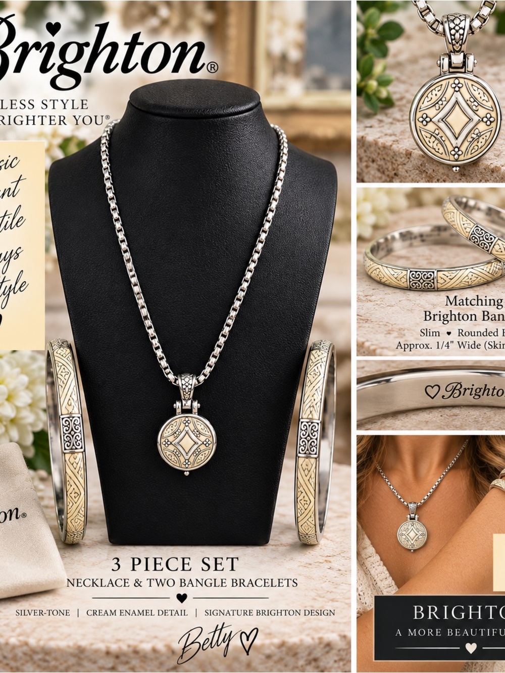 Brighton Cream and Silver-Tone Pendant Necklace with Matching Bangles